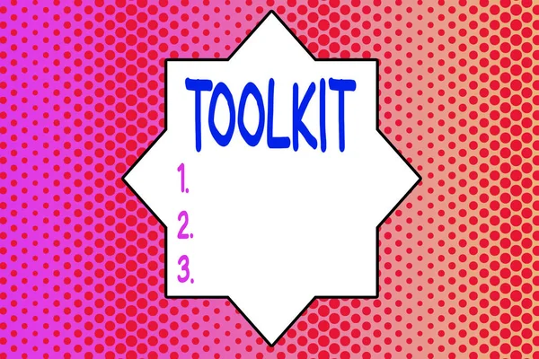 Writing note showing Toolkit. Business photo showcasing set of tools kept in a bag or box and used for a particular purpose Endless Different Sized Polka Dots in Random Repeated Mirror Reflection. — Stock Photo, Image