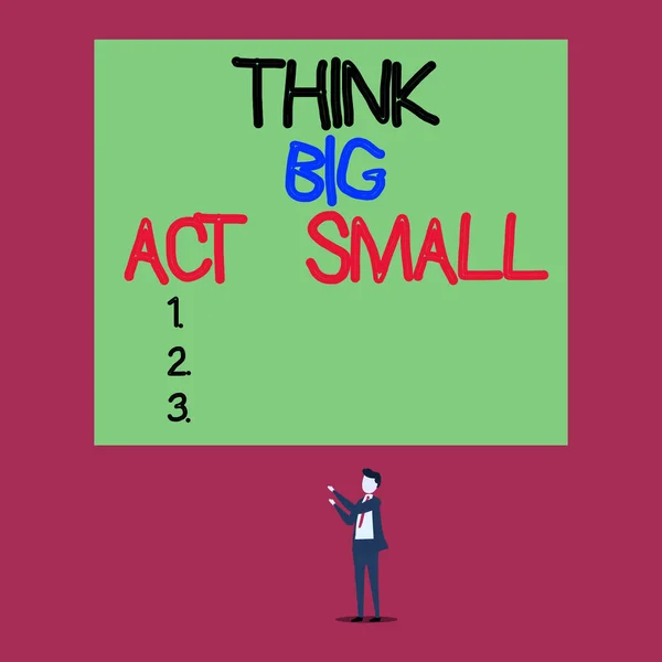 Texto escrito à mão Think Big Act Small. Conceito que significa Grandes Metas Ambiciosas Tome Pequenos Passos um de cada vez Visão isolada jovem de pé apontando para cima duas mãos grande retângulo . — Fotografia de Stock