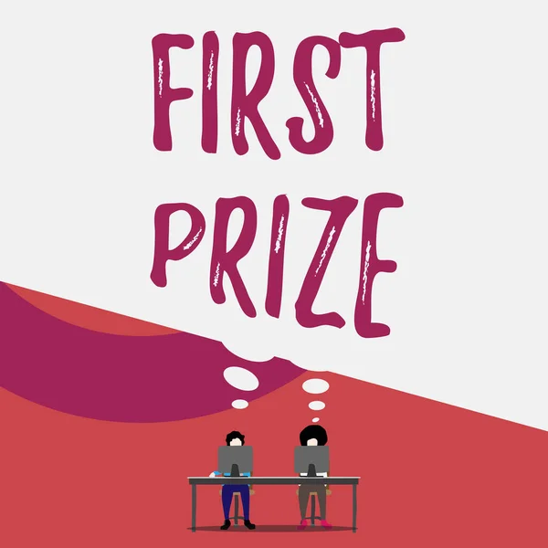 Handwriting text writing First Prize. Concept meaning the most desirable or grand prize offered for the overall winner Two men sitting behind desk each one laptop sharing blank thought bubble.