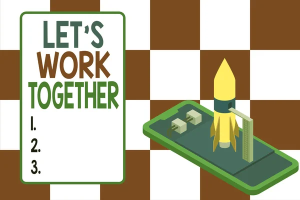 Написання тексту Let S Work Together. Концепція означає "Об'єднуйте та об'єднайте сили, щоб досягти спільної мети", яка готується до запуску ракети, що лежить на смартфоні. Початок переговорів. — стокове фото