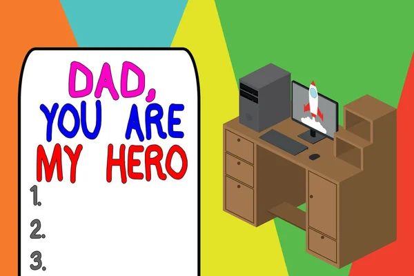 Ordskrivning text pappa du är min hjälte. Affärsidé för beundran för din far kärlek känslor komplimang Arbetsbord station lådor persondator sjösättning raket moln. — Stockfoto