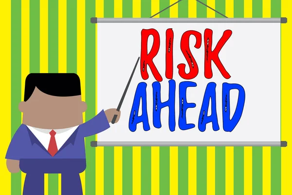 Word writing text Risk Ahead. Business concept for A probability or threat of damage, injury, liability, loss Businessman standing in front projector screen pointing project idea.