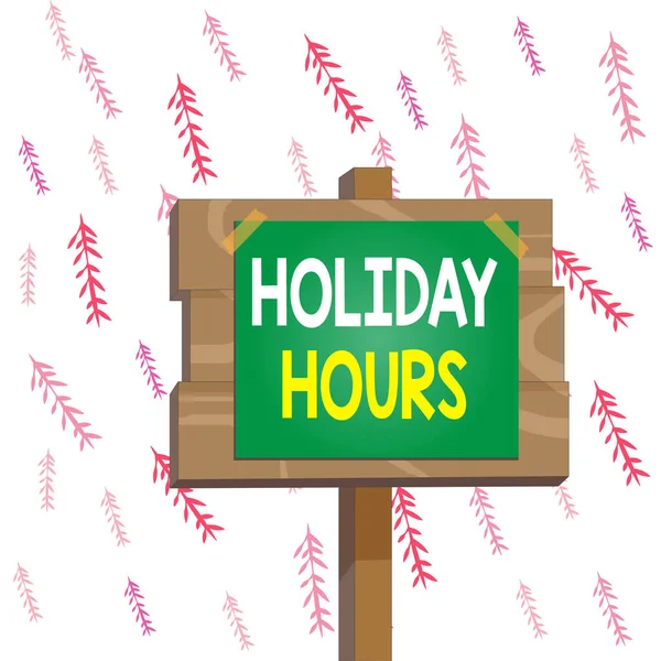 Handwriting text writing Holiday Hours. Concept meaning employee receives twice their normal pay for all hours Wood plank wooden stick pole paper note attached adhesive tape empty space. — Stock Photo, Image