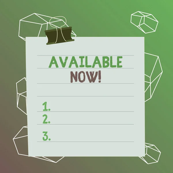 Word writing text Available Now. Business concept for you can find it obtain or operable at this current moment Paper lines binder clip cardboard blank square notebook color background.