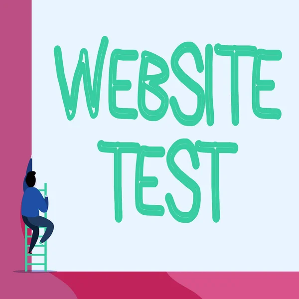 Text sign showing Website Test. Conceptual photo test the websites or web applications for potential bugs Back view young man climbing up staircase ladder lying big blank rectangle.