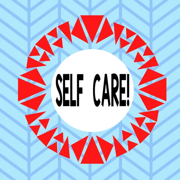 Text sign showing Self Care. Conceptual photo practice of taking action to preserve or improve ones own health Asymmetrical uneven shaped format pattern object outline multicolour design. — Stock Photo, Image