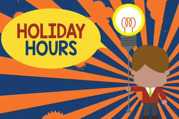 Holiday Hours 'u gösteren kavramsal el yazısı. İş fotoğrafı çalışanı her saat için normal ücretlerinin iki katını alıyor. Fiş prizi takan kravatlı adam ampul takıyor. Başlangıç. — Stok fotoğraf