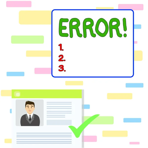 Writing note showing Error. Business photo showcasing state or condition of being wrong in conduct judgement or program Curriculum Vitae Resume of Candidate Marked by Color Mark. — Stok fotoğraf