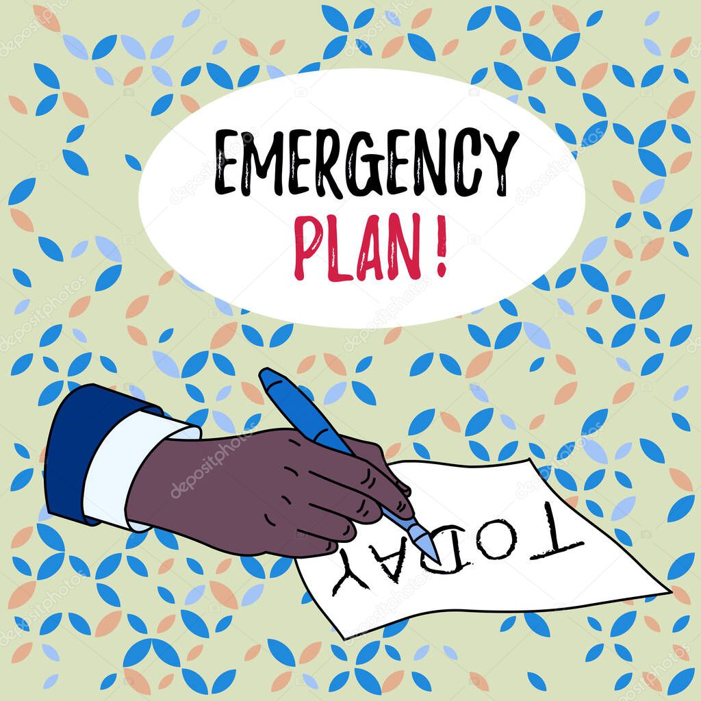 Conceptual hand writing showing Emergency Plan. Business photo text actions developed to mitigate damage of potential events Male Hand Formal Suit Holding Ballpoint Pen Piece of Paper Writing.