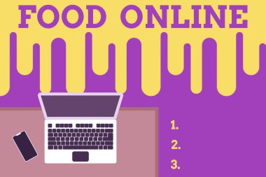 Gıda İnternetini gösteren bir mesaj. Müşterilerin internet üzerinden yemek alabilmeleri için konsept fotoğraf. İş yeri bilgisayarı. Ahşap masa başı akıllı telefon kenarı..