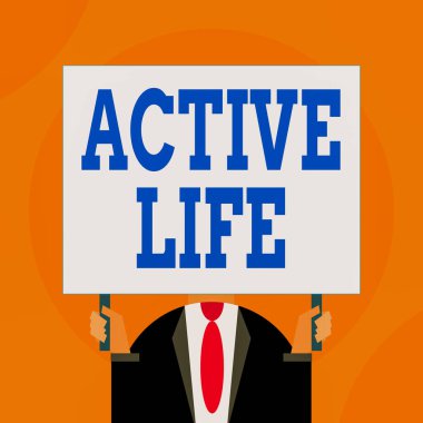 Sözcük yazma Aktif Yaşam. Günlük yaşamına fiziksel aktiviteler katan iş konsepti. Sadece erkek göğsü giyimli, siyah kravat takan, boş bir dikdörtgen tutan bir yüz..