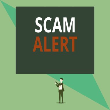 Scam Alert 'i gösteren not yazılıyor. İş fotoğraflarında istenmeyen e-postalar gösteriliyor. İndirimli bir görüşe sahip bir adam iki elle dikdörtgen şeklinde dikdörtgen gösteriyor..