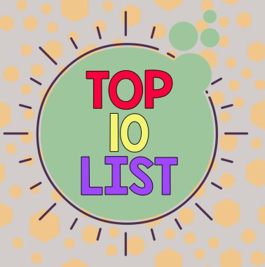 İlk 10 Listesi 'ni yazan el yazısı metni. Kavram, belirli bir listedeki en önemli ya da en başarılı on öge anlamına gelir Asimetrik düzensiz biçim şekli nesne ana hatları çok renkli tasarım.