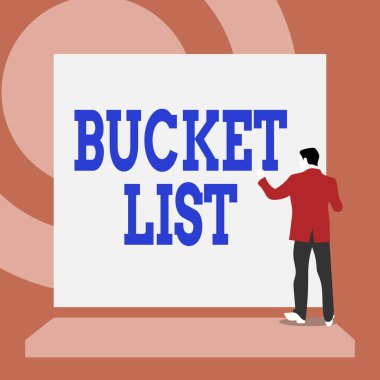 El yazısı Kova Listesi. Bir gösterinin yapmak ya da başarmak isteyeceği şeylerin listesi anlamına geliyor. Takım elbiseli genç adam boş dikdörtgen bir alana bakıyor..