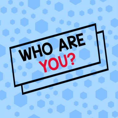 Mesaj işareti Kim olduğunu gösteriyor. Kavramsal fotograf birisi sizin göstermelik geçmişinizi ya da geçmişinizi soruyor Rastgele dağıtılmış Mavi Hexagons Cinsiyetleri Kusursuz Eşleşen Arkaplan.