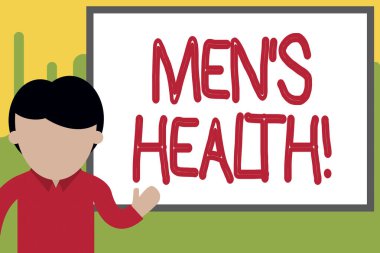 Sözcük yazmak Men S Health. Zihinsel ve toplumsal refahın tam durumu için iş kavramı analizlerle genç bir adam beyaz tahtada projeye işaret ediyor. fotoğraf sanatı.