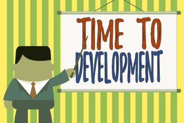 Kelime yazma metni geliştirme zamanı. Bir şirketin, projektör projeksiyon projesinin önünde duran bir iş adamının büyümesi ya da gelişmesi için bir süre için iş konsepti.