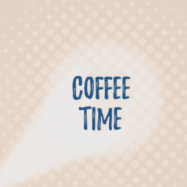 Kahve saatini gösteren bir mesaj. Kavramsal fotoğraf. Gri küçük çemberlerin küçülmesi için çalışmayı bıraktığınız kısa bir zaman dilimi. Ortalanmış boş dikdörtgen şeklinde soluyor..