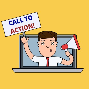 Call To Action 'ı gösteren bir not yazıyorum. İş fotoğrafı gösterme tavsiyesi. Bilgisayarla Megafon Tabağı ile Bilgisayarla Konuşan Adam sorununu çözmek için bir şeyler yapın..