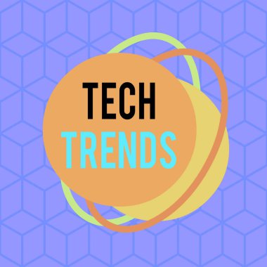 Teknoloji eğilimlerini gösteren kavramsal el yazısı. Yakın zamanda popüler ve kabul gören iş fotoğrafı metni teknolojisi asimetrik biçimli nesne ana hatları çok renkli tasarım.