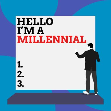 Hello I M A Millennial 'ı gösteren kavramsal el yazısı. Şu anki yüzyılda genç yetişkinliğe erişildiğini gösteren iş fotoğrafı metni. Dikiz aynasındaki adam boş dikdörtgene bakan bir platform giymişti..