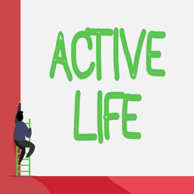 Aktif Yaşamı gösteren mesaj işareti. Fiziksel aktiviteyi günlük hayatınıza entegre eden kavramsal fotoğraf tarzı. Arka plandaki genç adam merdivenlerden tırmanıyor ve büyük boş bir dikdörtgen oluşturuyor..