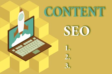 Sözcük yazma içeriği Seo. Arama motorlarında yükselecek web sayfası içeriği oluşturmak için iş kavramı Roket fırlatma bulutları dizüstü bilgisayar arka planı. Başlangıç projesi büyüyor. Seo..