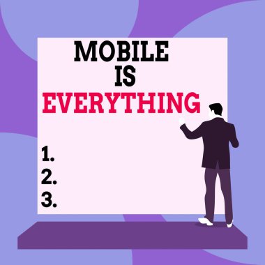 Mobil 'in her şey olduğunu gösteren kavramsal el yazısı. İş fotoğrafı metni Bilgisayar Aygıtı Bir Planlayıcı Cüzdan Düzenleyicisi Arka Görünüm Adamı Boş dikdörtgen karşısında duran bir platform giyinmiş.