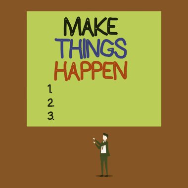 El yazısı bir şeyleri meydana getirir. Bir şeyi başarmak ve gerçekleştirmek için Exert Efor anlamına gelen kavram. Git ve kendi başına hareket et. Genç adam iki elle dikdörtgen üzerinde duruyor..