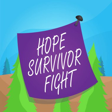 Sözcük yazma Hope Survivor Fight. Hastalığınıza karşı durmak için iş kavramı rüyalara bağlı kalmak Kavisli hatırlatıcı kağıt not Renkli bir yüzeye çivilenmiş boş iğne çerçevesi.