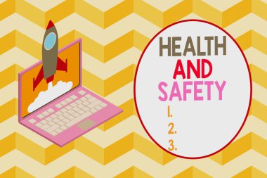 Conceptual hand writing showing Health And Safety question. Business photo showcasing regulations and procedures intended to prevent accident Rocket launching clouds laptop Startup project growing SEO