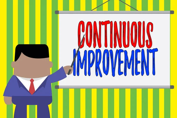 Word writing text Continuous Improvement. Business concept for ongoing effort to improve products or processes Businessman standing in front projector screen pointing project idea.