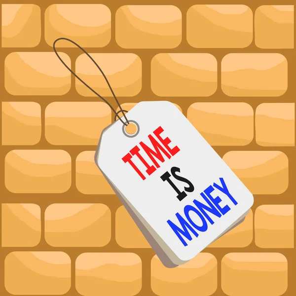 Psaní textu Time Is Money. Koncept znamená, že čas je cenný zdroj Dělat věci tak rychle, jak je to možné Označení obdélník prázdný odznak připojený řetězec barevné pozadí tag malý. — Stock fotografie