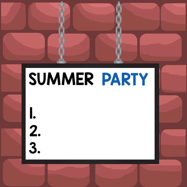 Tekst pisma Summer Party. Koncepcja oznacza spotkanie towarzyskie odbywające się w sezonie letnim lub przerwa w szkole Prostokątna ramka Whiteboard puste miejsce dołączony łańcuch powierzchni pusty panel. — Zdjęcie stockowe