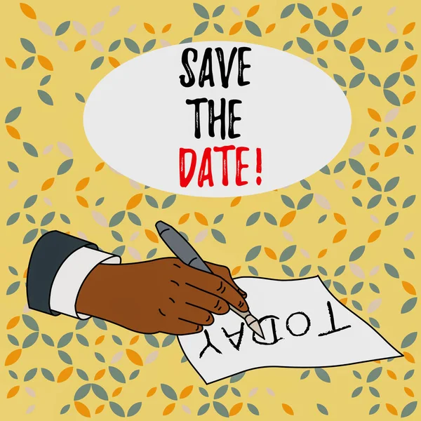 Conceptual hand writing showing Save The Date. Business photo text Organizing events well make day special event organizers Male Hand Formal Suit Holding Ballpoint Pen Piece of Paper Writing.