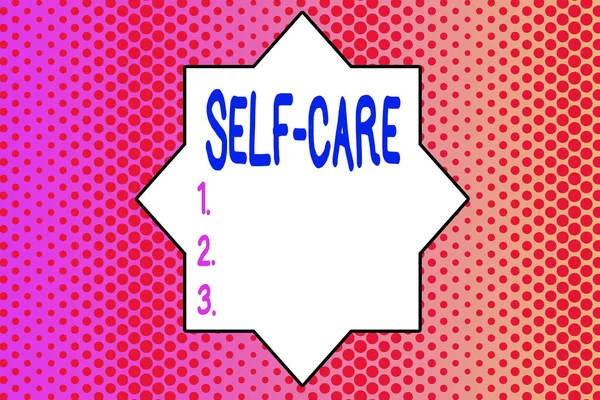 Writing note showing Self Care. Business photo showcasing practice of taking action to preserve or improve ones own health Endless Different Sized Polka Dots in Random Repeated Mirror Reflection.