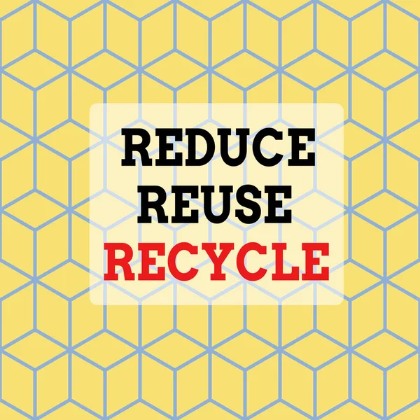 Sinal de texto mostrando Reduzir Reutilizar Reciclagem. Maneiras de fotos conceituais podem eliminar o desperdício proteger seu meio ambiente Sem costura Blue Blocks Cubos Amarelo Fundo Profundidade Perspectiva . — Fotografia de Stock