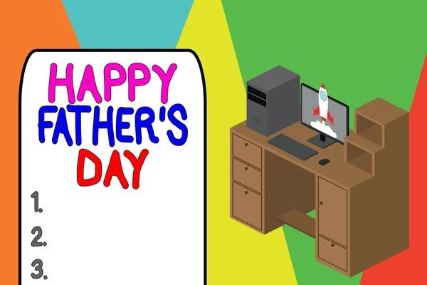 Tulisan kata Happy Father S Day. Konsep bisnis untuk waktu tahun untuk merayakan ayah di seluruh dunia laci stasiun desktop kerja pribadi komputer meluncurkan awan roket . — Stok Foto