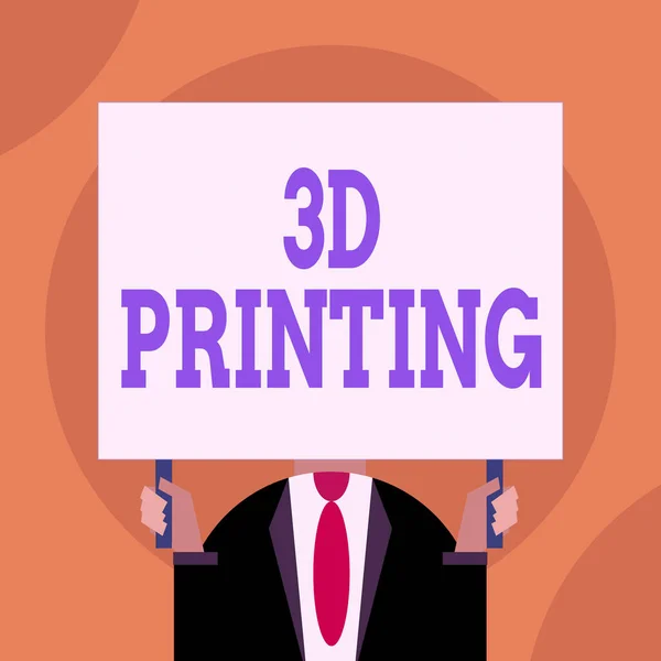 Szövegírás 3D nyomtatás. Üzleti koncepció, hogy egy fizikai tárgy egy háromdimenziós digitális modell Csak férfi mellkas öltözött sötét öltöny nyben nyakkendő nincs arc tartja üres nagy téglalap. — Stock Fotó