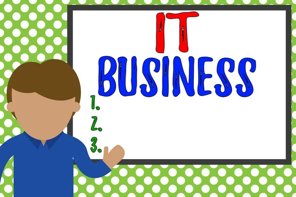 Word writing text It Business. Business concept for organization uses information technology to achieve goals Young man standing in front whiteboard pointing to project. photo Art. — Stock Photo, Image