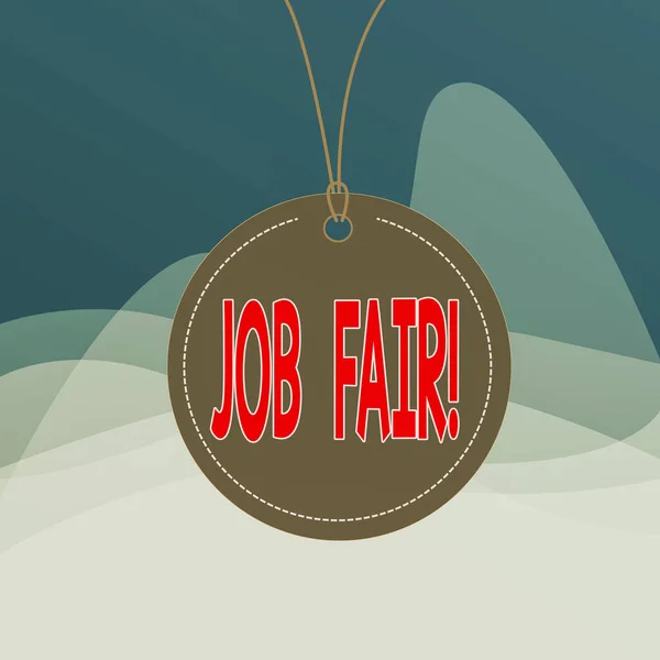 Writing note showing Job Fair. Business photo showcasing event in which employers recruiters give information to employees Label string round empty tag colorful background small shape. — Stok fotoğraf