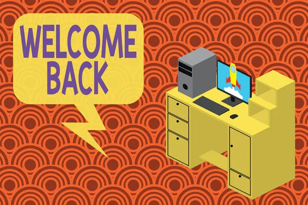Writing note showing Welcome Back. Business photo showcasing something back to greet the return of someone or something Desktop station drawers personal computer launching rocket.