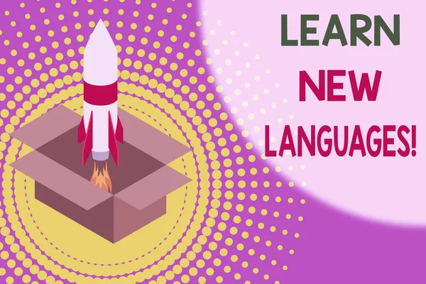 Text sign showing Learn New Languages. Conceptual photo developing ability to communicate in foreign lang Fire launching rocket carton box. Starting up project. Fuel inspiration. — Stock Photo, Image