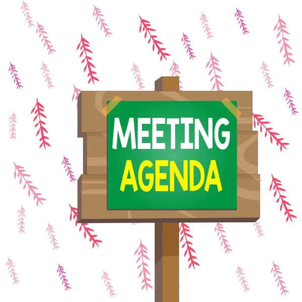 Handwriting text writing Meeting Agenda. Concept meaning items that participants hope to accomplish at a meeting Wood plank wooden stick pole paper note attached adhesive tape empty space. — Stock Photo, Image