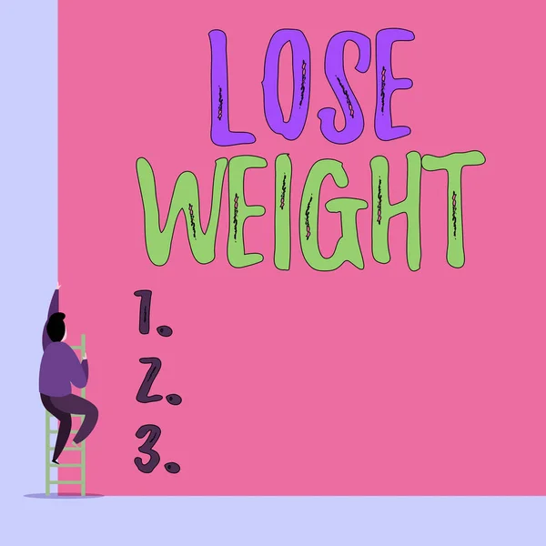 Handwriting text Lose Weight. Concept meaning the fact of a demonstrating s is or an animal s is body weight becoming less Back view young man climbing up staircase ladder lying big blank rectangle. — Stock Photo, Image