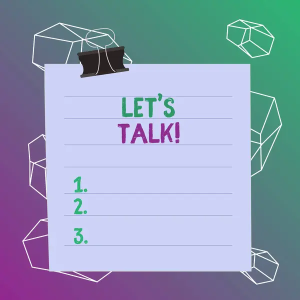 Texto de escritura de palabras Let S Is Talk. Concepto de negocio para sugerir al principio de una conversación sobre el tema Líneas de papel carpeta clip cartón en blanco cuaderno cuadrado color fondo . — Foto de Stock