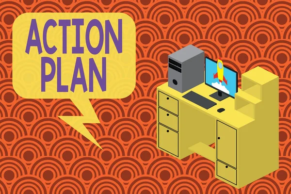 Writing note showing Action Plan. Business photo showcasing detailed plan outlining actions needed to reach goals or vision Desktop station drawers personal computer launching rocket.