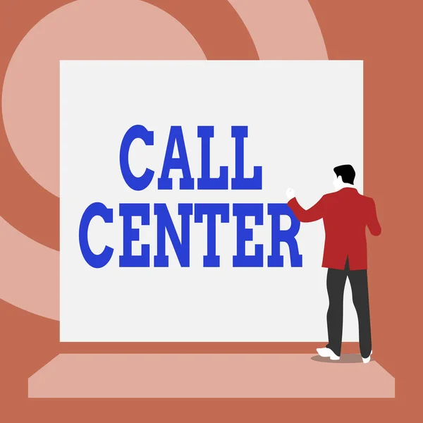 Handschrift Text Schreiben Call Center. Konzept bedeutet ein Büro, in dem eine große Anzahl von Telefonaten abgewickelt werden Rückansicht junger Mann gekleidet Anzug stehende Plattform mit Blick auf leeres Rechteck. — Stockfoto