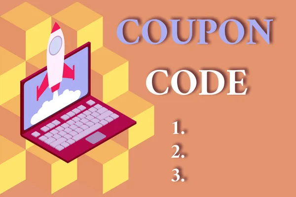 Word writing text Coupon Code. Business concept for ticket or document that can be redeemed for a financial discount Rocket launching clouds laptop background. Startup project growing. SEO.