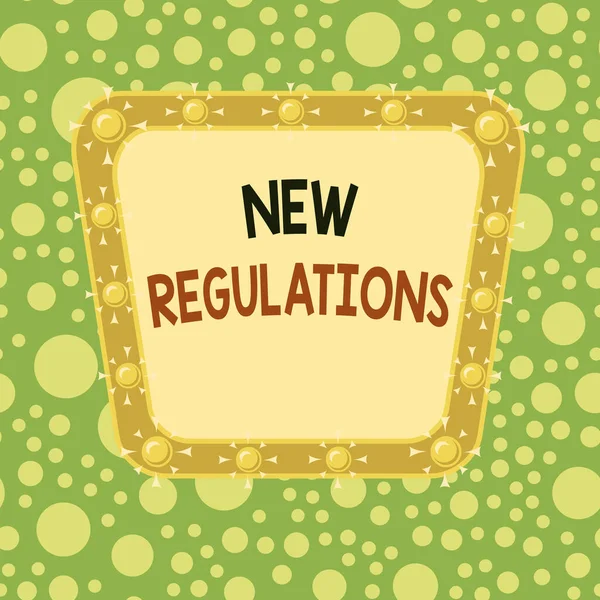Text sign showing New Regulations Question. Conceptual photo rules made government order control way something is done Asymmetrical uneven shaped format pattern object outline multicolour design. — Stok fotoğraf